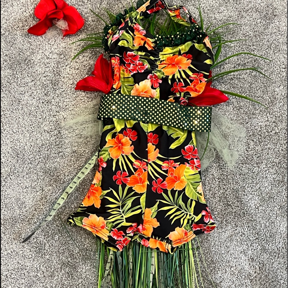 3-PC Custom-Made Tropical Print Green Rhinestone & Faux Floral Greenery Costume